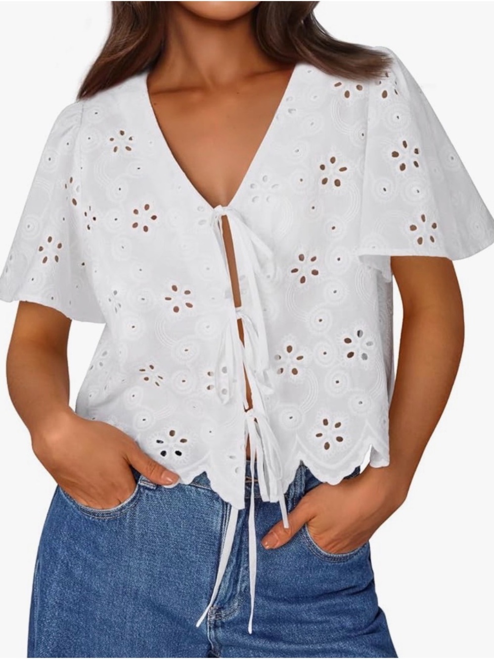 White Eyelet tie front blouse